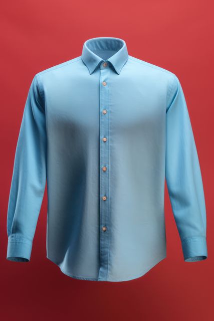 Sky blue dress shirt with long sleeves and white buttons displayed against a vibrant red background. Ideal for use in fashion catalogs, online stores, clothing advertisements, and style guides. Highlights men's formal clothing, perfect for business or professional wear marketing materials.