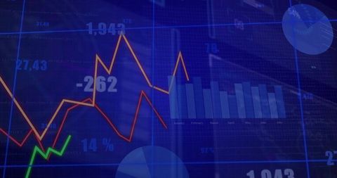 Neon Financial Dashboard Displaying Market Trend Lines, Monthly Bar Analytics, Data Overlay
