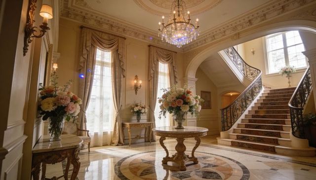 Grand foyer showcasing ornate round table with floral centerpiece and marble staircase