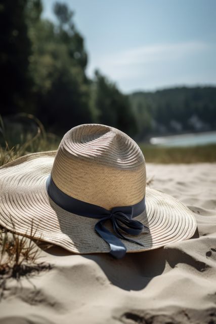 Straw hat with blue ribbon lying on sandy beach on sunny day. Ideal for themes related to summer, travel, vacation, fashion accessories, and relaxation. Perfect for websites, brochures, and social media posts promoting beach holidays, peaceful moments in nature, and stylish outdoor apparel.