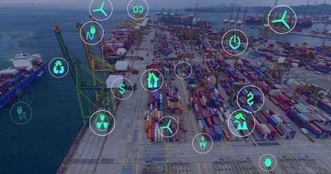 Aerial container port showcasing smart logistics, sustainable shipping and automation