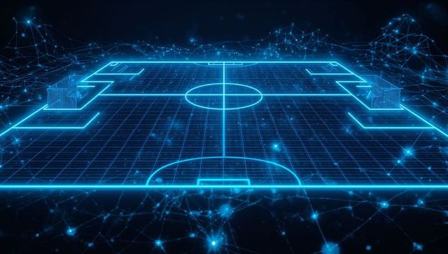 Futuristic neon wireframe soccer pitch floating above glowing digital network holographic grid