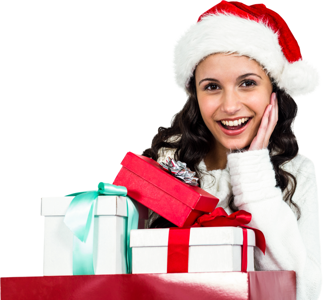 Festive Woman in Santa Hat with Colorful Wrapped Gifts on White Background Transparent - Download Free Stock Videos Pikwizard.com