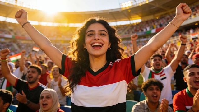 Smiling female fan raising arms cheering in stadium during golden hour football celebration
