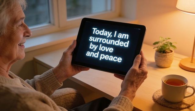 Senior woman holding tablet and reading affirmation at cozy home desk with tea