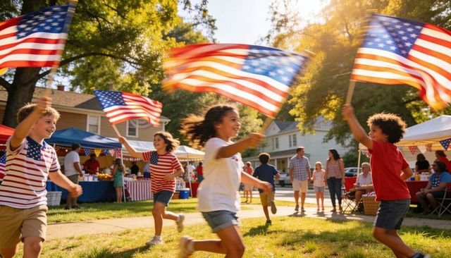 Kids waving american flags running through neighborhood fourth of july summer block party