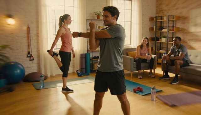 Group fitness class stretching and mobility workout in sunlit home studio for wellness