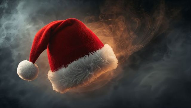 Floating Santa Hat with Warm Golden Halo, Swirling Smoke and Soft White Fur