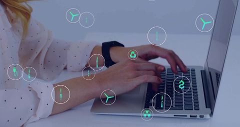 Woman typing on laptop with smartwatch and green sustainability icons over keyboard