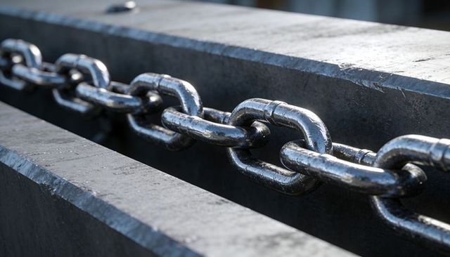 Weathered steel chain linking between concrete dock slabs close-up with bolt detail