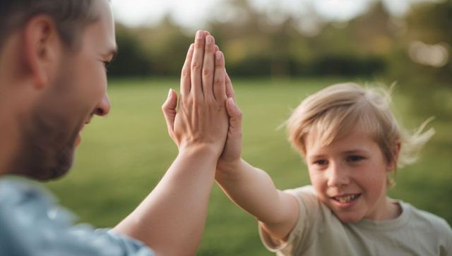Father and Son High-Five in Park Celebrating Joyful Bond, Playful Connection Outdoors
