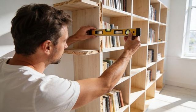 Man measuring and aligning wooden bookshelf with spirit level in bright minimalist room