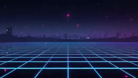 Neon Grid Horizon Loop Showing Flickering Cyan Plane and Distant Synthwave Cityscape with Pink Flare