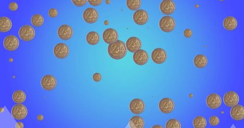 Falling two euro coins on vibrant blue gradient background