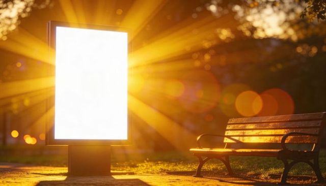 Sunlit digital billboard standing on park path with empty bench and golden lens flare