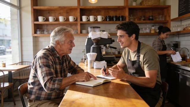Barista discussing menu notes with senior customer at cozy urban coffee counter