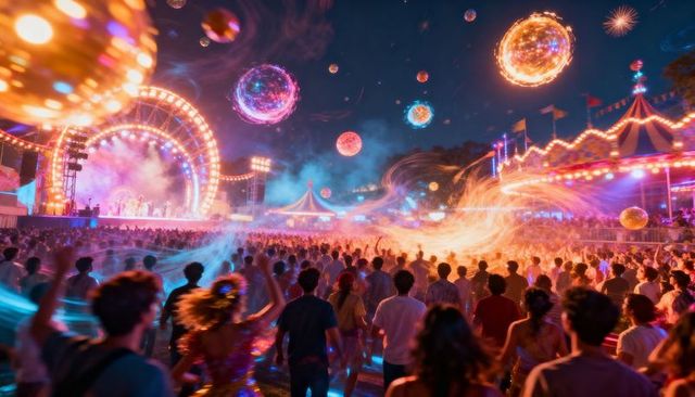 Watching illuminated stage at neon night carnival crowd facing carousel and light orbs