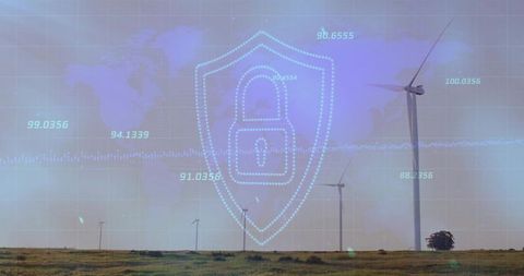 Digital security overlay on wind farm with world map