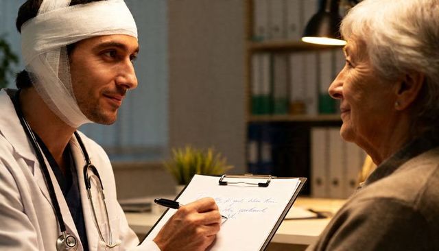 Doctor with head bandage consulting elderly patient while writing clipboard notes