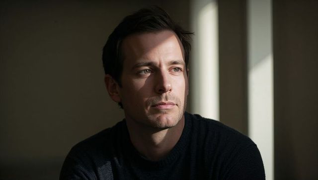 Thoughtful man contemplating in moody window light, minimalist interior portrait