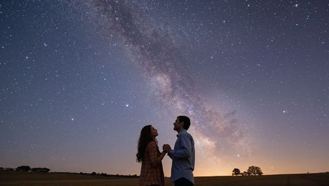 Romantic couple holding hands stargazing beneath Milky Way over open meadow at dusk