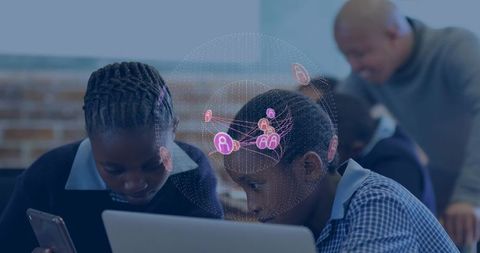 Students collaborating on laptop with augmented reality learning overlay in classroom