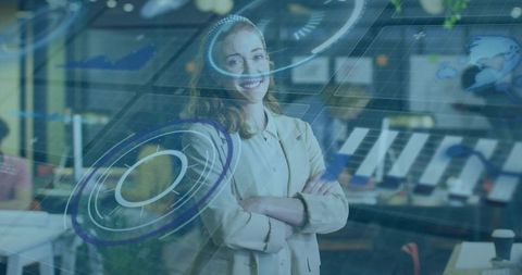 Confident professional woman leading digital collaboration with holographic interface