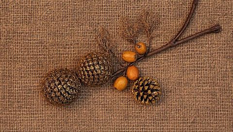 Rustic gold pinecone arrangement on burlap texture for holiday decor and craft projects