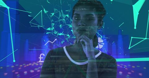 Woman Over Digital Interface with Futuristic Cityscape Elements