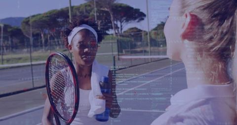 Tennis Players Discuss Strategy with Digital Overlay on Court