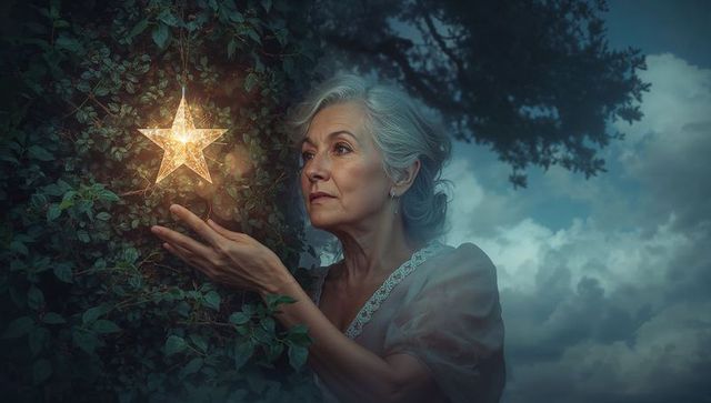 Senior Woman Holding Glowing Star Lantern Hesides An Ivy-Covered Wall