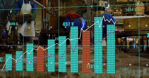 Industrial analytics dashboard overlay on workshop with workers inspecting machinery
