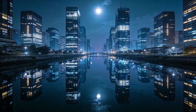 Moonlit skyline reflecting on calm canal at night with glowing glass towers and symmetry