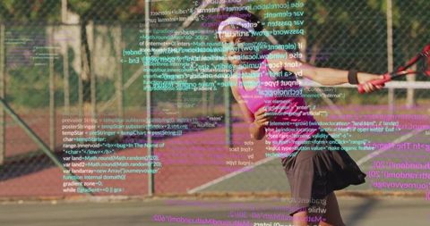 Woman Playing Tennis with Futuristic Code Overlay