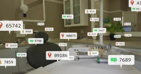 Dental office technology overlay with location and notification icons