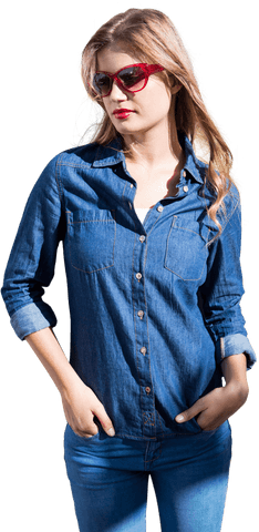 Stylish Woman in Denim and Red Sunglasses on Transparent Background