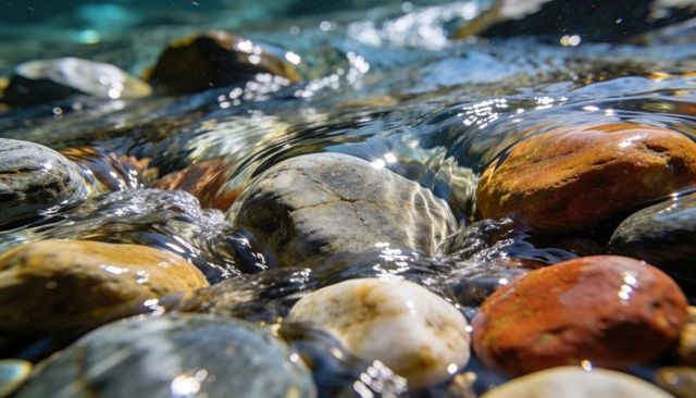 Sunlit River Pebbles with Rippling Water and Shimmering Caustics