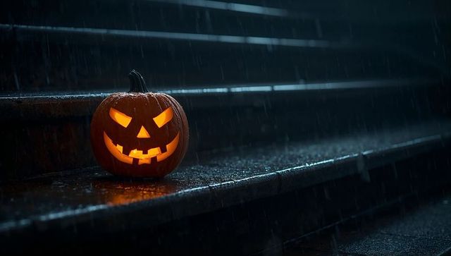 Glowing halloween jack-o'-lantern on wet stone steps at night