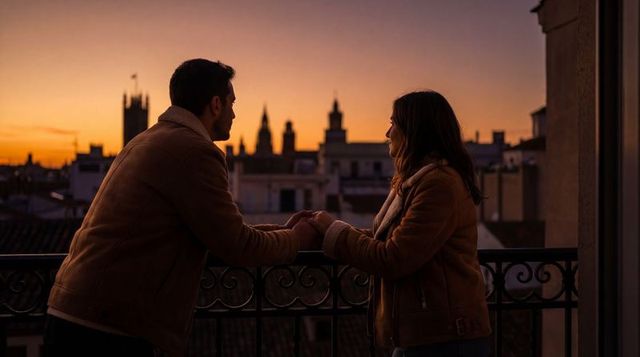 Couple holding hands on rooftop balcony at sunset leaning on ornate railing silhouette