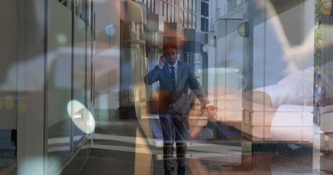 Professional Businessman on Smartphone with Technology Overlay Concept