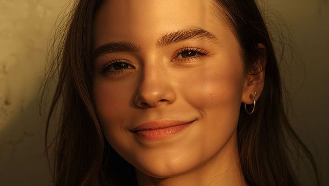 Sunlit teen girl smiling with hoop earring and golden shadow bands close-up headshot portrait