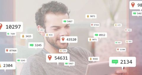 Man Reading Tablet with Floating Notification Icons