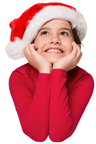Festive Girl Smiling in Red with Santa Hat on Transparent Background