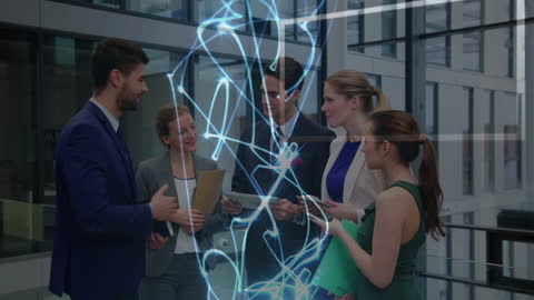 Business Team Meeting with Futuristic Light Trails