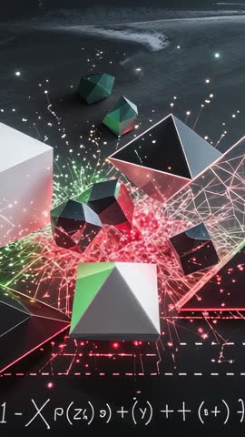 Bursting neon sparks forming digital mesh around floating geometric cluster, vertical motion