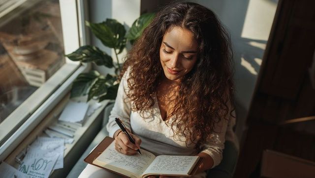 Woman writing in leather journal on sunlit window seat cozy home journaling moment