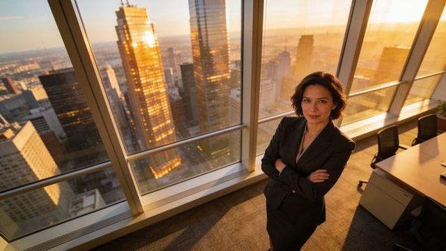 Confident executive standing in corner office crossing arms facing city skyline at sunset
