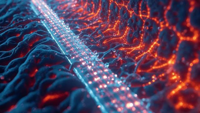 Glowing cyan conduit flowing through porous bioluminescent terrain with crystalline nodes