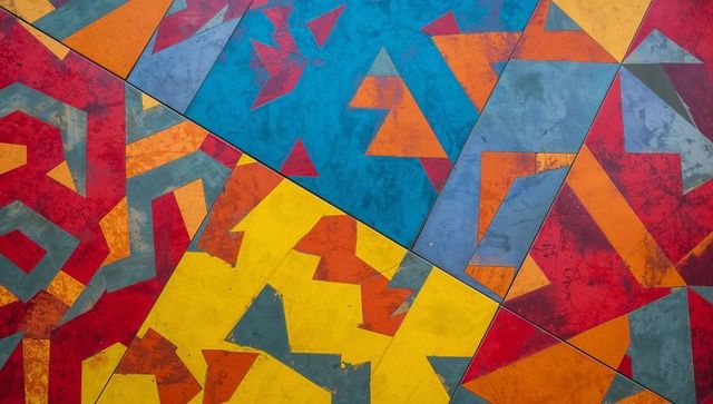 Showcasing colorful geometric panels with diagonal seam and distressed painted texture