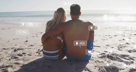 Couple Embracing on Beach with Social Media Interactions